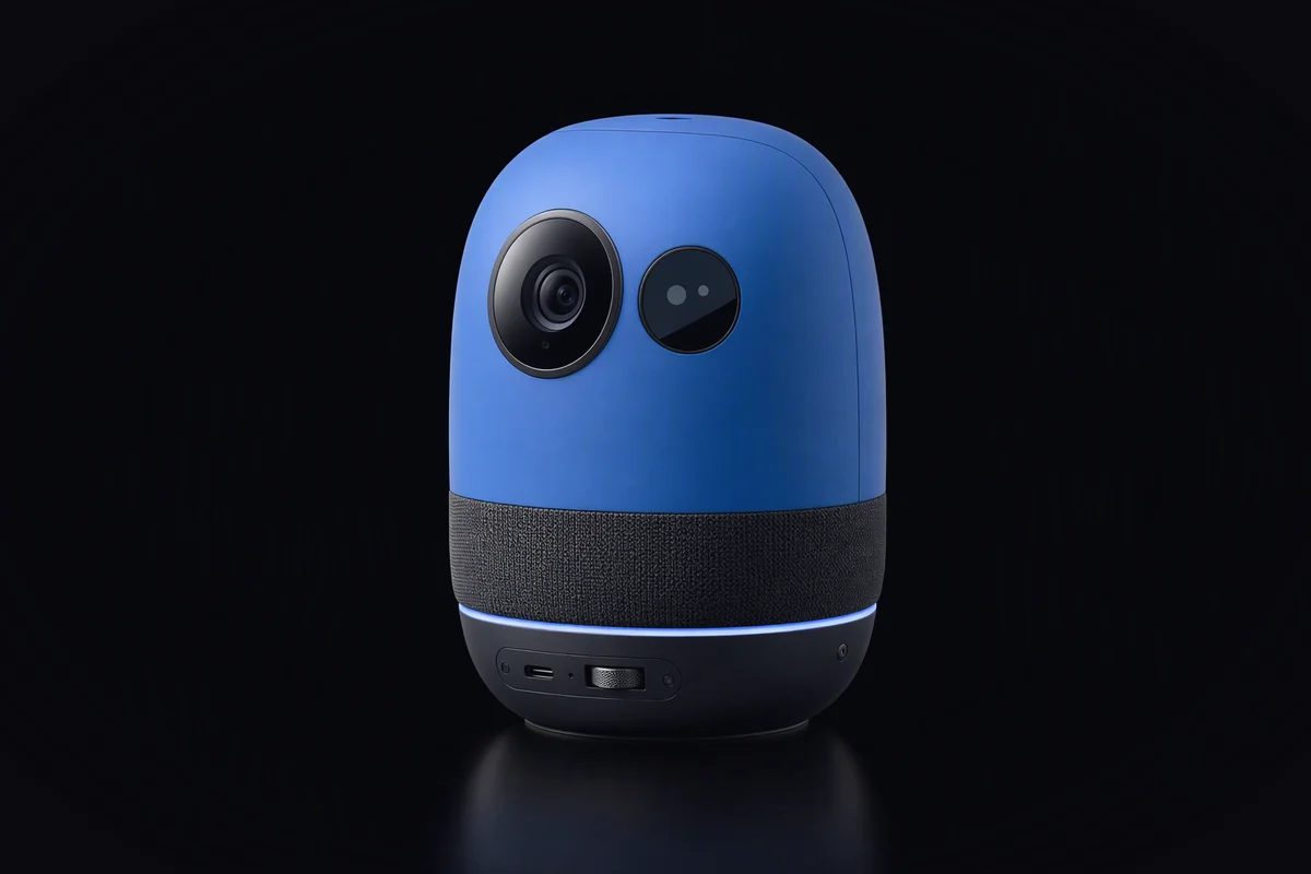 KyberBot, a rounded blue pebble-shaped assistant device with a camera lens, a small sensor window and a fabric speaker band with a light ring at its base