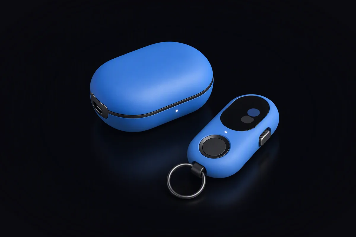A blue hardware security key with a fingerprint button on a key ring, next to a blue earbud case