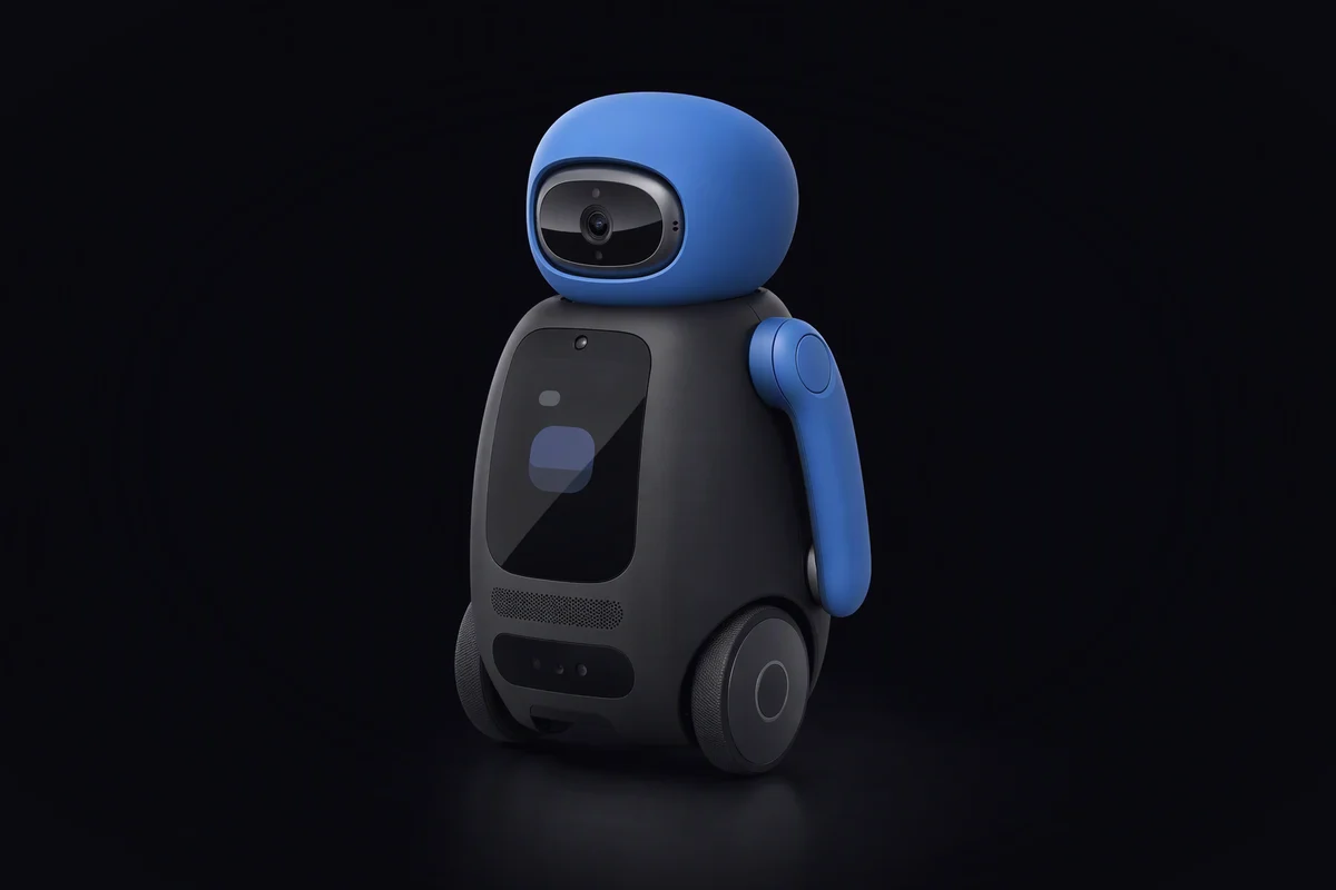 A small home service robot on wheels, with a graphite body, a blue rounded head with a camera visor and one blue arm