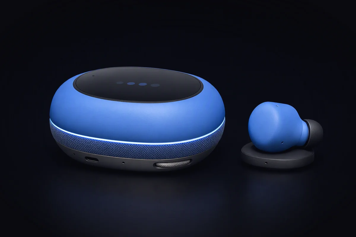 A pebble-shaped assistant with its speaker band lit, next to a single blue wireless earbud on a small rounded stand, seen from the side