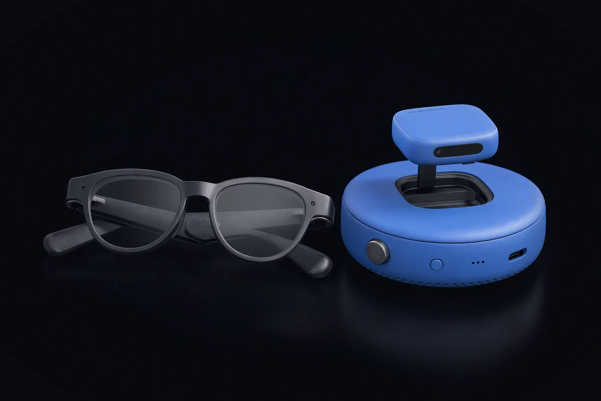 Plain display glasses folded beside a round blue compute puck, a small blue assistant core module lifted out of a slot in the puck on a thin stand