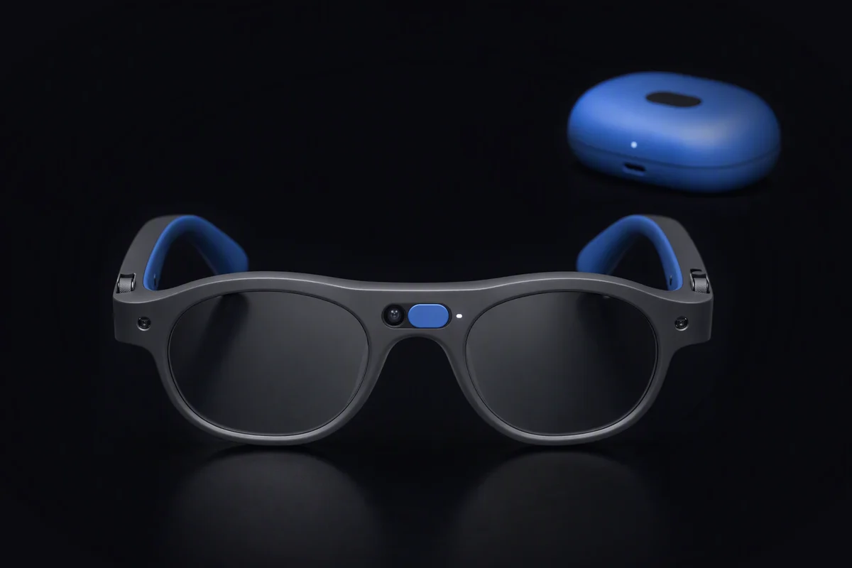 Plain unbranded display glasses seen from the front, a small camera in the bridge half covered by a blue sliding shutter, a pebble-shaped assistant behind