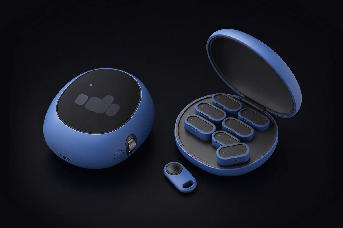 A pebble-shaped assistant beside an open box of memory cartridges, one taken out, with a hardware key next to it