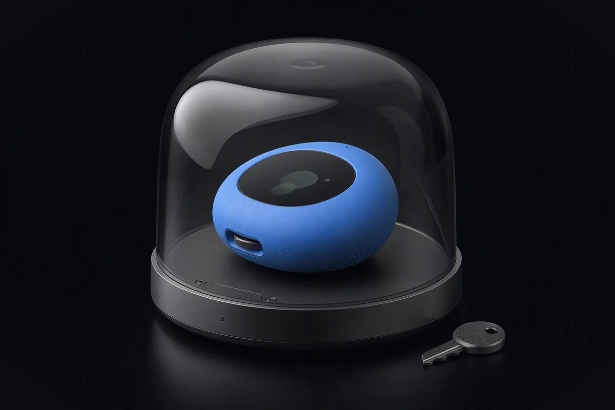 A pebble-shaped assistant under a smoked-glass dome with no cables, a hardware key resting outside on the base
