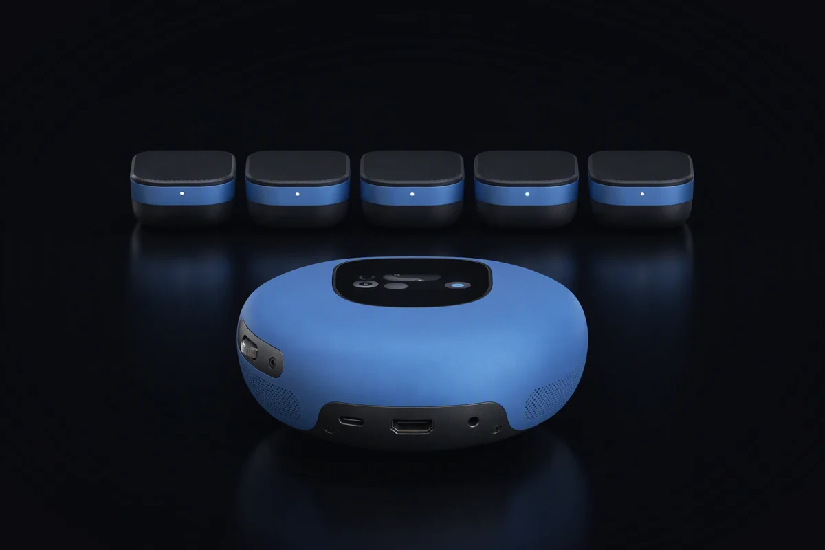 A pebble-shaped assistant seen from behind, facing a row of five small compute modules