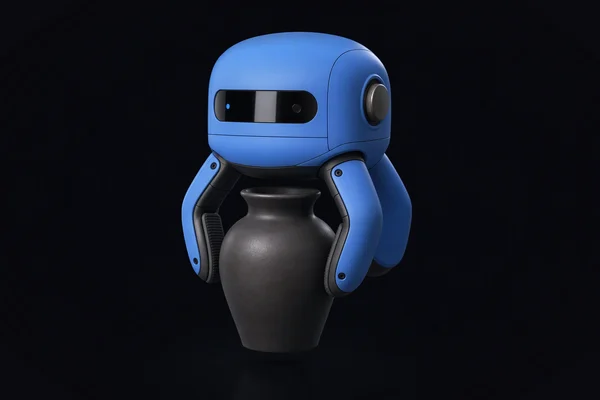 A robot gripper with rubber-padded fingers gently holding a dark ceramic vase just above the surface