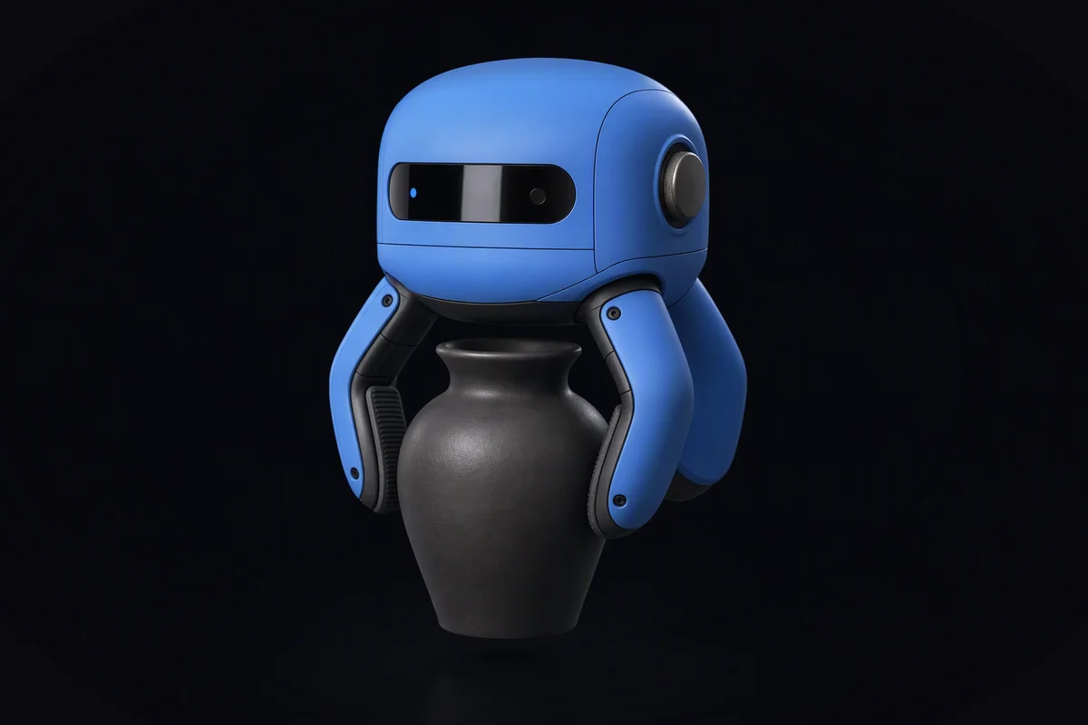 A robot gripper with rubber-padded fingers gently holding a dark ceramic vase just above the surface