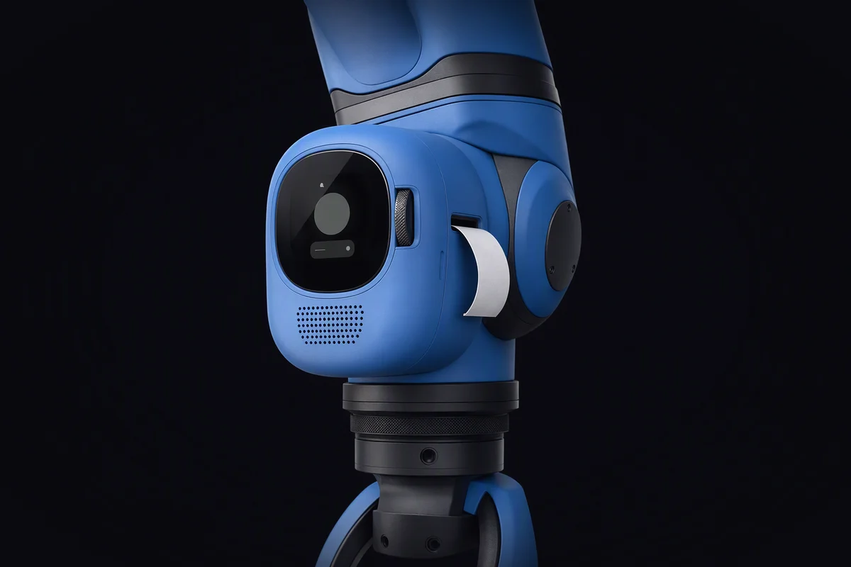 A rounded recorder module on a robot arm's wrist joint, with a short curl of paper tape coming out of it
